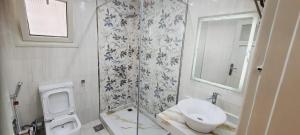 um banheiro com uma pia, um vaso sanitário e um espelho em ARENA apartment sea view hi Lox em Alexandria