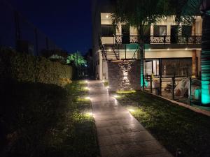 维拉卡洛斯帕兹Hotel El Paraiso Boutique的夜间在建筑物前的一条带灯光的人行道
