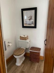 a bathroom with a toilet with a picture on the wall at Harper’s Cottage, Fence, Lancashire in Brierfield +21 photos