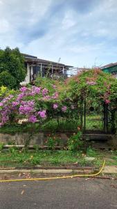 einen Zaun mit Blumen an der Seite eines Hauses in der Unterkunft Bentong Hill Cottage in Bentong
