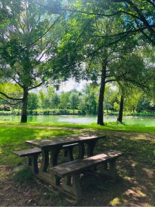 a picnic table in a park with trees and water at Villa 220 m2 avec 5 chambres 6 lits doubles 2 toilettes 2 salles de bain in Beire-le-Châtel