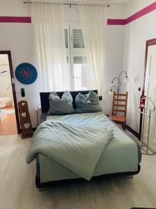 a bedroom with a bed with pillows on it at Troisdorf - City - EG - 145 Qm - bis 7 Schlafplätze in Troisdorf