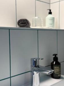 a bathroom sink with a faucet and a bottle of soap at Stadt Flair in Eisenach +5 photos