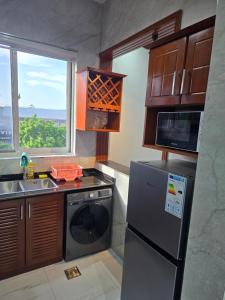 a kitchen with a refrigerator and a sink and a window at Jaxvilla Appartments in Dar es Salaam