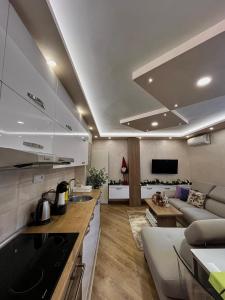 a kitchen and a living room with a couch at Sasa Plus in Bajina Bašta