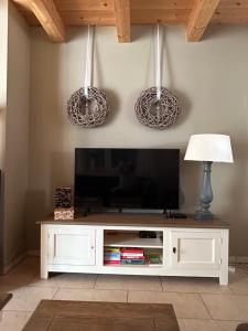 a living room with a television with two hanging baskets at Villa Sonnenpiste in Kötschach