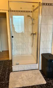 a shower with a glass door in a bathroom at Villa Sonnenpiste in Kötschach