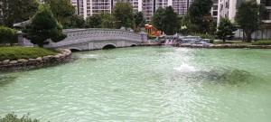 a pond with a bridge and a fountain in a city at MiniRoom 1 khách tại Vinhome Grand Park in Ho Chi Minh City +12 photos