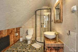 a bathroom with a toilet and a sink and a shower at Zagroda Magija Bieszczady in Orelec