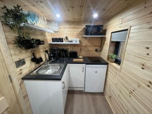KinloughにあるFiadh Rua Cabin - with Private Outdoor Hottubの小さな家の中のシンク付きキッチン