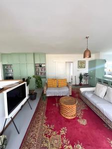a living room with a couch and a tv at Lala Panzi - Grotto Beach, Voëlklip in Hermanus