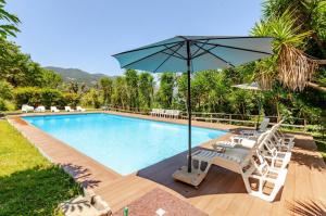 ein Pool mit Stühlen und einem Sonnenschirm neben einem Pool in der Unterkunft Casa Soutinho - Gerês in Ventosa