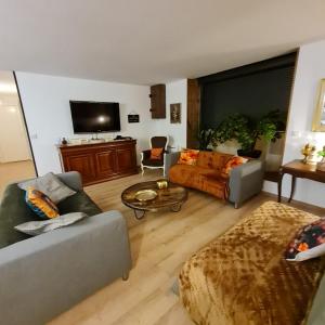 a living room with a couch and a table at Appartement Puy Mary By les Monts du Cantal in Murat +30 photos