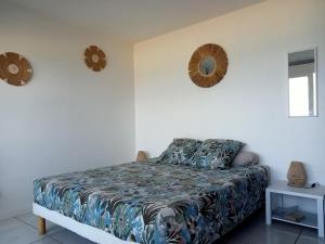 a bedroom with a bed and a mirror on the wall at Le Paradis Bleu ! in Saint Cyprien Plage