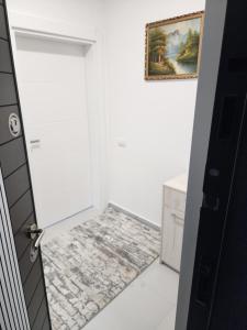 a bathroom with a door and a rug at Apartmani Nikmil Vrnjačka Banja in Vrnjci