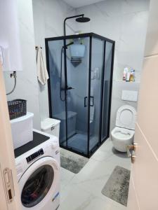a bathroom with a washing machine and a toilet at Apartmani Nikmil Vrnjačka Banja in Vrnjci +30 photos