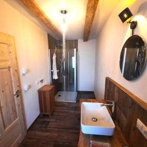 a bathroom with a sink and a shower at Am Kapferhof in Hauzenberg