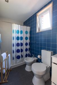 a blue tiled bathroom with a toilet and a shower curtain at Casa da Madrinha, um regalo a 35 min do Porto in Marco de Canavezes