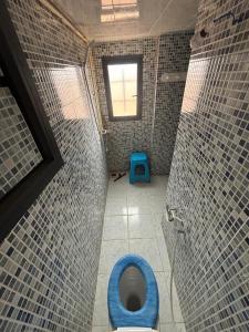 a bathroom with a blue toilet in a stall at Taddart Aglou in Zaouit Aglou