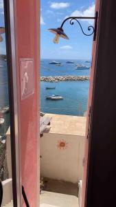 a door to a room with a view of the ocean at Il Nido del Gabbiano in Procida
