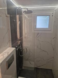 a bathroom with a shower and a sink and a window at Pamys House in Kalamitsi
