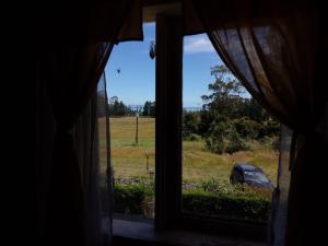 a window with a view of a car in a field at La Posada del Colono in Puerto Clocker