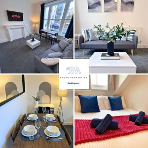 eine Collage aus Fotos eines Wohnzimmers mit einer Couch in der Unterkunft Modern Serviced Apartments Steps From Gloucester Quays in Gloucester