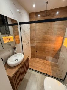 a bathroom with a shower and a sink at Juca Studio Botafogo in Rio de Janeiro