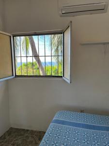 Un dormitorio con una cama y una ventana con una palmera en Cabañas Edda, en Puerto Escondido 10 fotos más