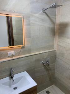 un baño con lavabo y ducha en Z Pyramids Inn, en El Cairo