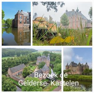 a collage of pictures of castles and buildings at De Blauwe Reiger mooi dubbel chalet in de Veluwse bossen in Putten