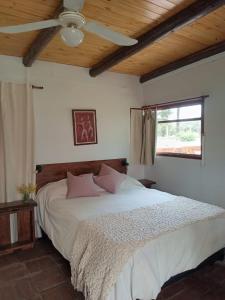 a bedroom with a bed with a ceiling fan at CaBaña Loft 400 m BaLneario CeNtro Estacion Rio in Huerta Grande