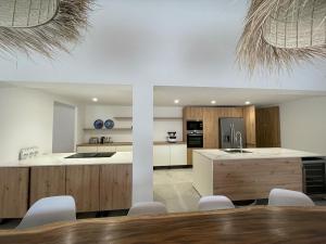 a kitchen with a large island with a counter top at Villa Casa di sognu in Lecci