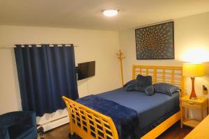 a bedroom with a bed and a blue curtain at Coloful - Cozy - 1-BR & Sofa-bed in Waukegan