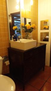 a bathroom with a sink and a mirror at Beach House Babylon guest house with kitchenette and garden in Torreira +83 photos