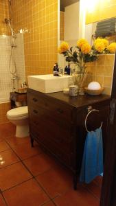 a bathroom with a sink and a toilet at Beach House Babylon guest house with kitchenette and garden in Torreira