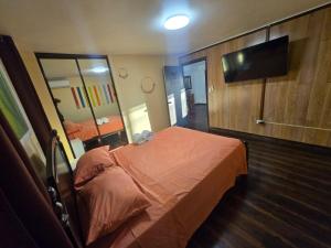 a bedroom with a bed and a flat screen tv at Casa Las Minas en Pilón in Colón