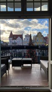 a view of a christmas tree from a window at Diamond Apartment in Grudziądz