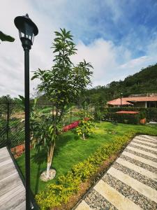a street light next to a garden with a tree at Cabaña La Sanguina 4 Pax in Ocaña