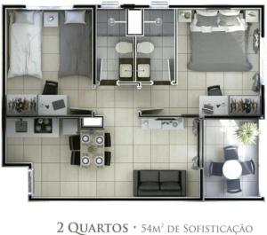 a floor plan of a small apartment at Apto Salinas Premium - 2 quartos - 1 suíte in Salinópolis