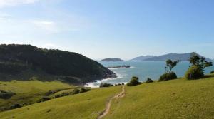 a grassy hill with a road leading to the ocean at The Box Container House casa oceano in Imbituba