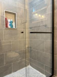 box doccia con porta in vetro di Downtown Hideaway 1-Bedroom Bungalow a St Petersburg Altre 19 foto