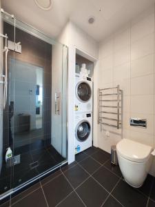 a bathroom with a washing machine and a toilet at Auckland Birkenhead BNB in Auckland