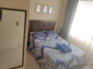 ein Schlafzimmer mit einem Bett mit blauen Kissen und einem Spiegel in der Unterkunft Super centrally located and comfortable apartment in Cochabamba