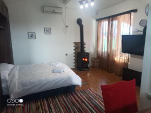 a bedroom with a bed and a wood stove at Bazaleti Field House in Karsimaantkari
