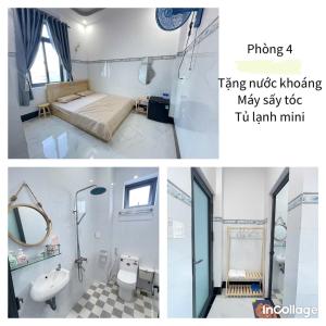 un collage di due immagini di una camera con un letto e un bagno di Hải Hưng Homestay - Đảo Phú Quý a Cù Lao Thu