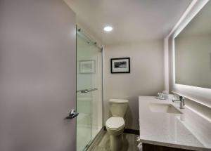 a bathroom with a shower and a toilet and a sink at Comfort Inn Falls Church - Tysons Corner in Falls Church