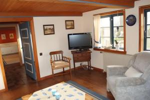 a living room with a tv and a couch and a chair at Reetdachkate Müllerhaus von 1860 in Thalingburen