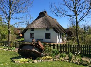 an old boat in front of a thatched house at Reetdachkate Müllerhaus von 1860 in Thalingburen