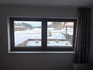 een raam met uitzicht op een met sneeuw bedekte tuin bij Maxi-Apartment Bodanum - mit eigener Terrasse - naturnahe Ortsrandlage - VDSL - 10 min zum Nürburgring in Bodenbach